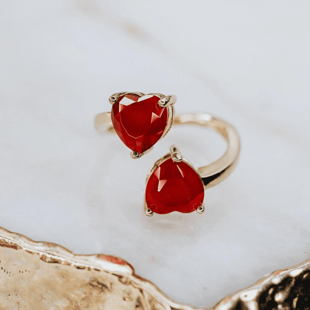 Carnelian sterling silver and 14K gold plating adjustable heart ring